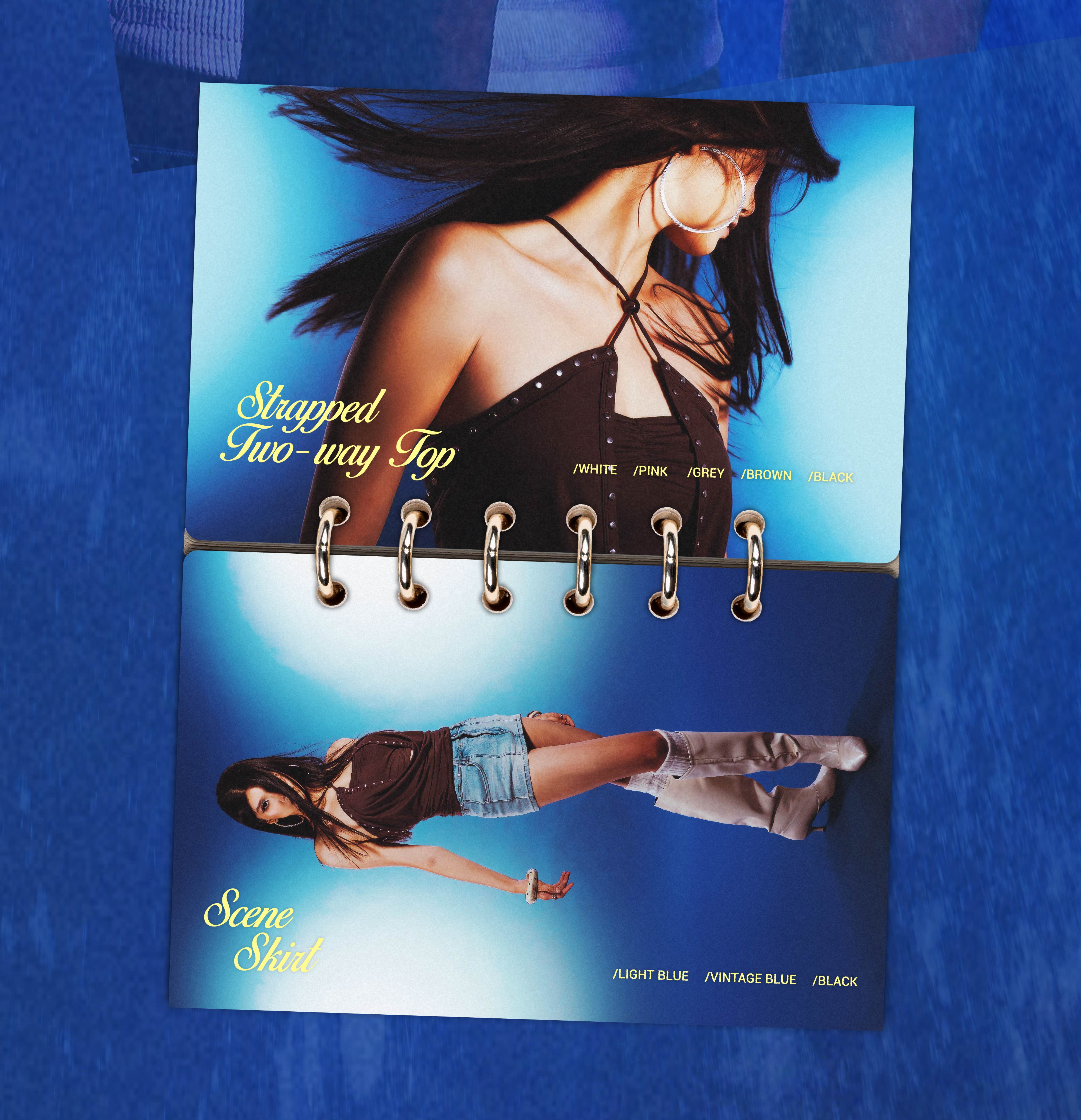 Model wearing Strapped Two-Way Top and Scene Studded Denim Skirt from Young Hungry Free