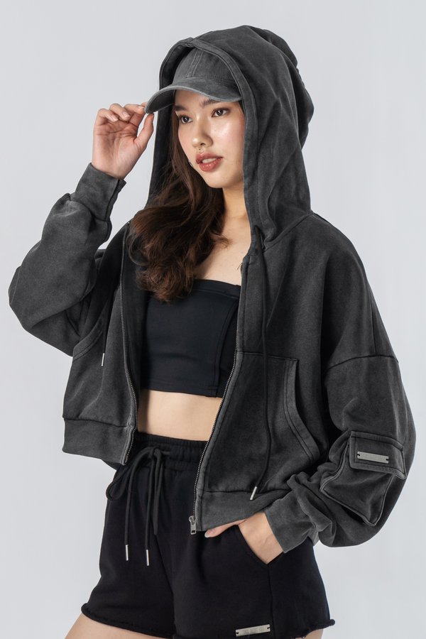 Daily Cropped Hoodie in Black Wash