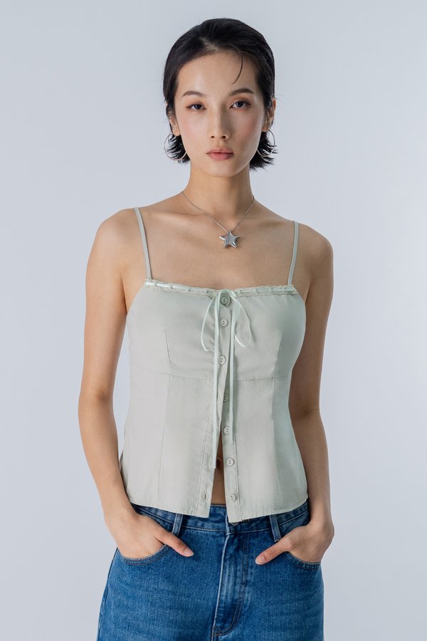 Electric Laced Ribbon Cami Top in Sage Green