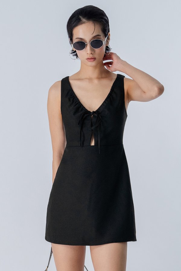 Dive Front-Tie Mini Dress in Black