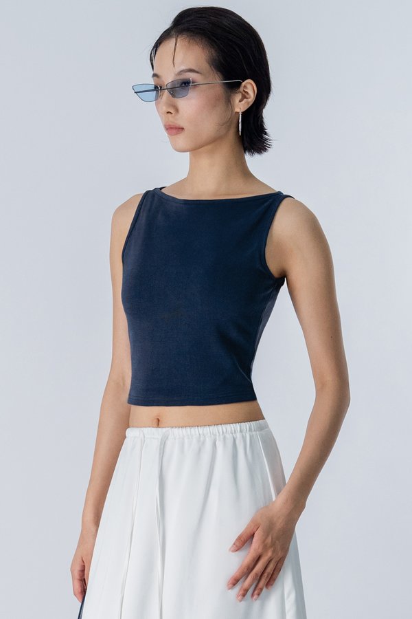 Boat Neck Padded Tank Top in Dark Blue