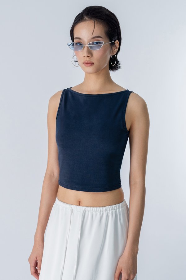 Boat Neck Padded Tank Top in Dark Blue