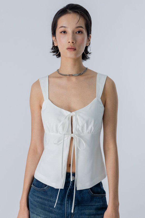 Tangle Ribbon Front-Tie Top in White