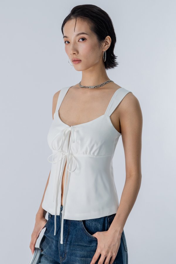 Tangle Ribbon Front-Tie Top in White