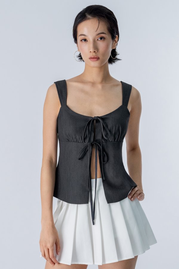 Tangle Ribbon Front-Tie Top in Exec Grey