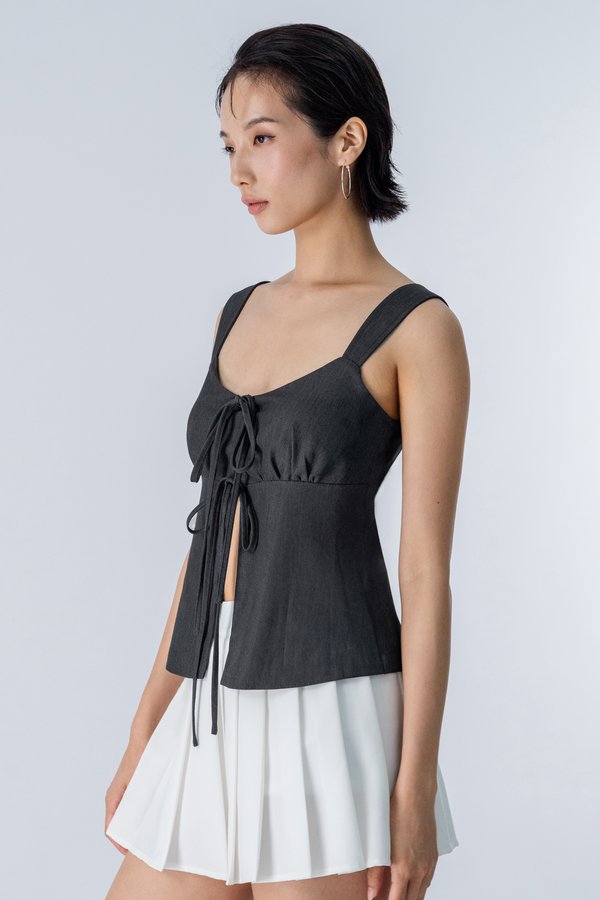 Tangle Ribbon Front-Tie Top in Exec Grey