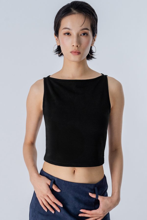 Boat Neck Padded Tank Top in Black