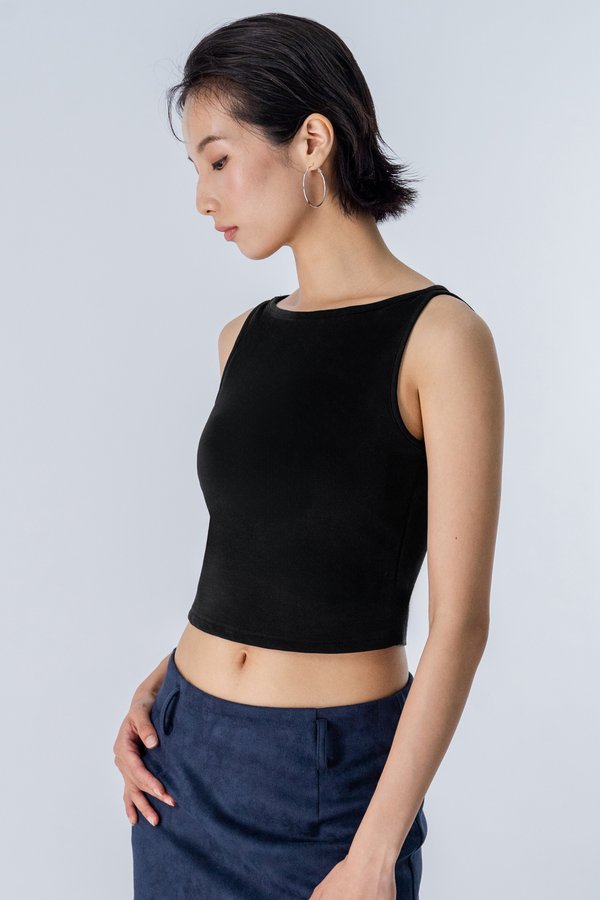 Boat Neck Padded Tank Top in Black