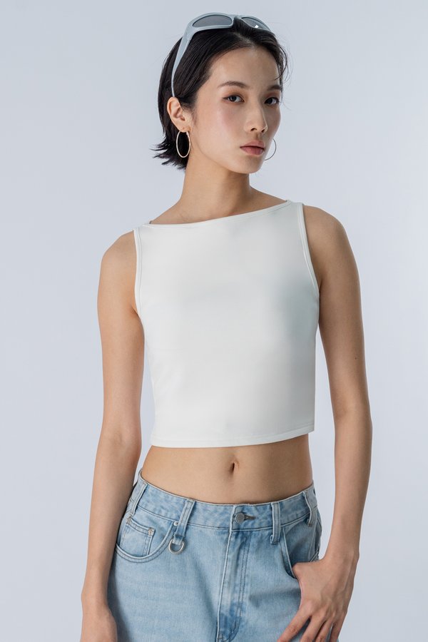 Boat Neck Padded Tank Top in White