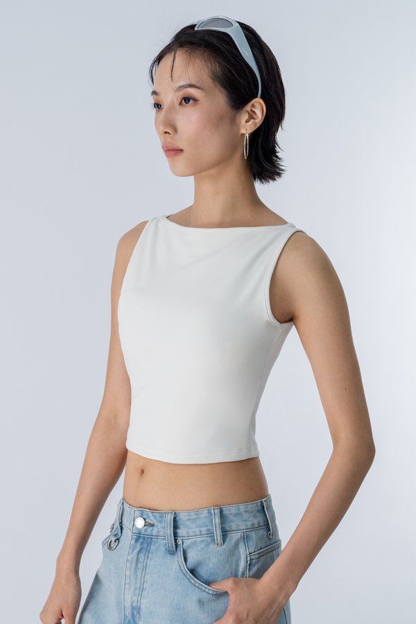 Boat Neck Padded Tank Top in White