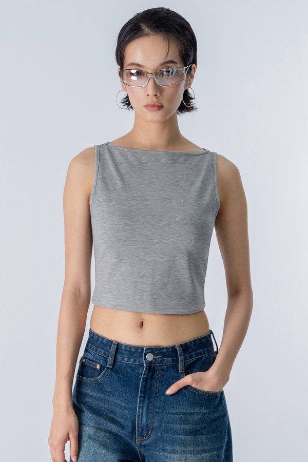 Boat Neck Padded Tank Top in Jersey Grey