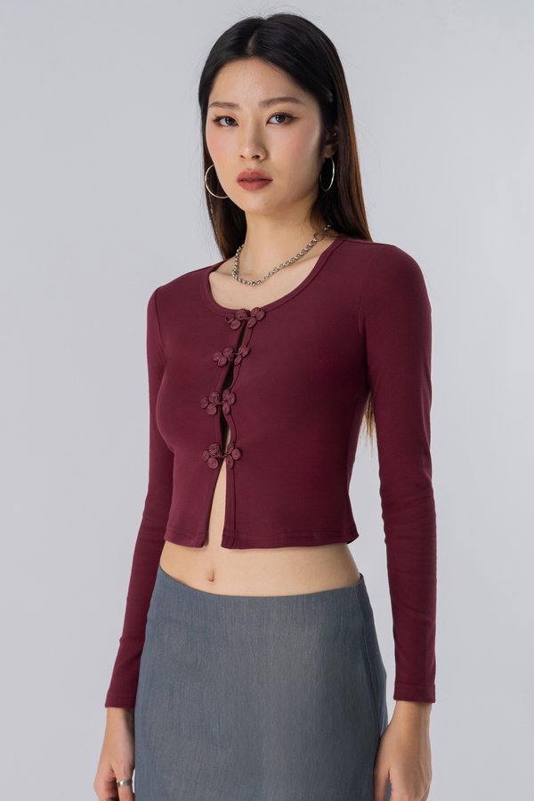 Orient Pankou Button Cardigan in Sangria Red