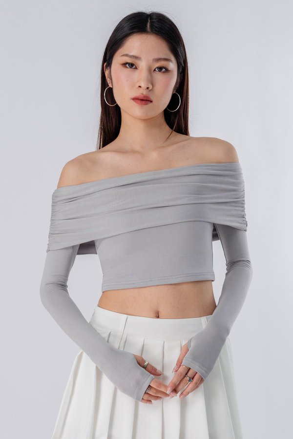 Embraced Off Shoulder Ruched Top in Cloud Grey