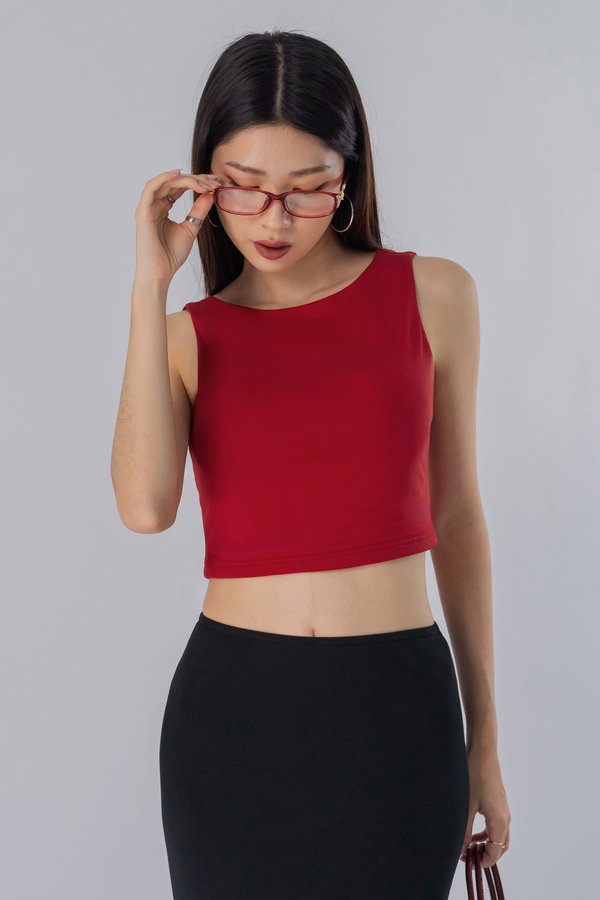 Scooped Low Back Padded Tank Top in Scarlet Red