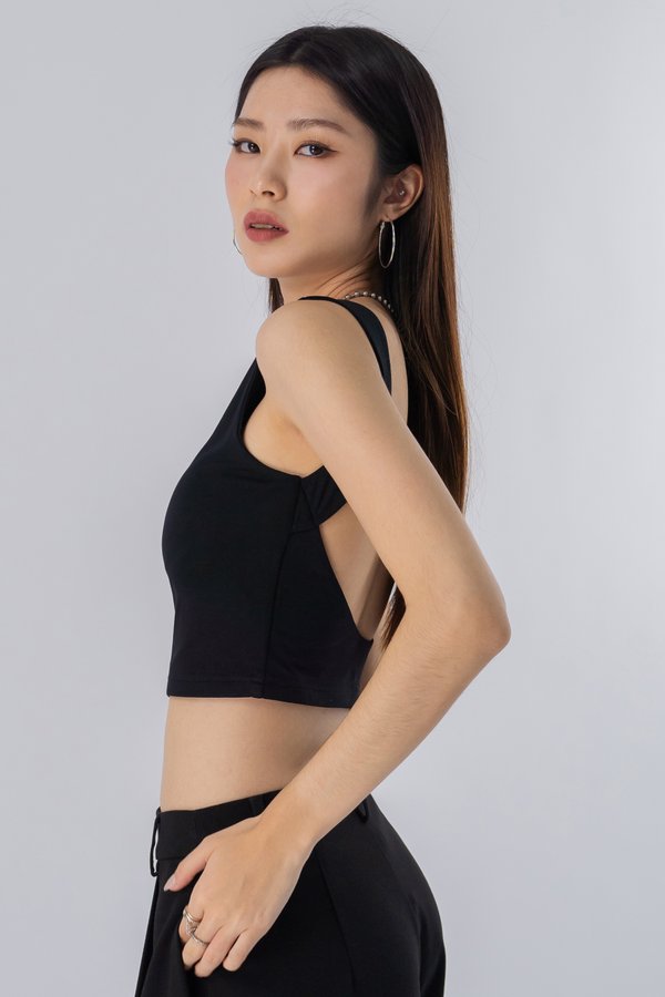 Scooped Low Back Padded Tank Top in Black