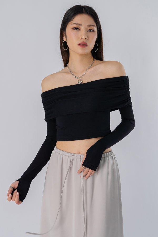 Embraced Off Shoulder Ruched Top in Black