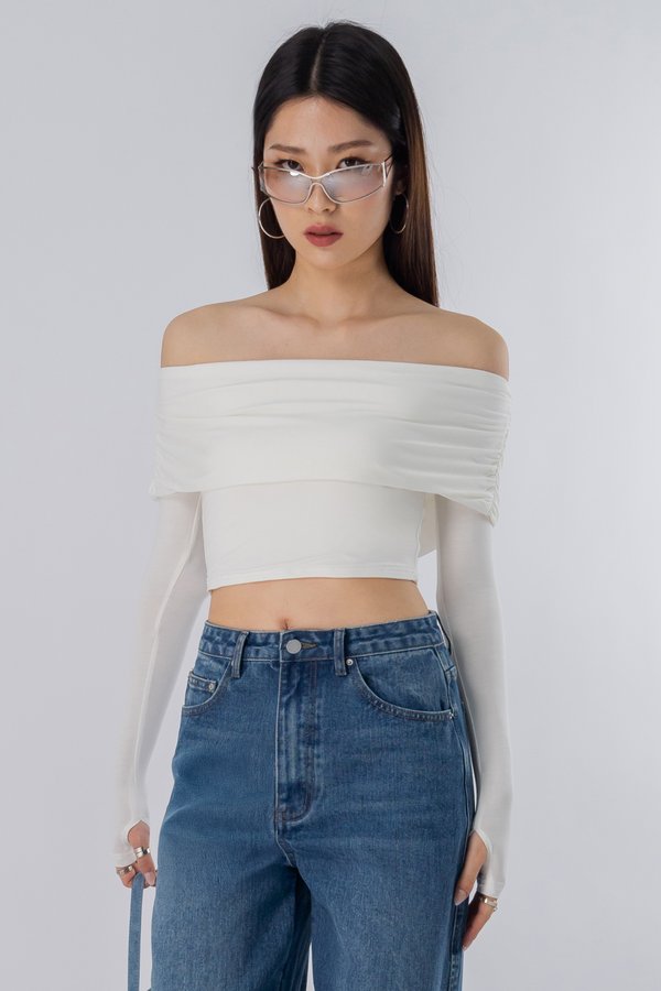 Embraced Off Shoulder Ruched Top in White