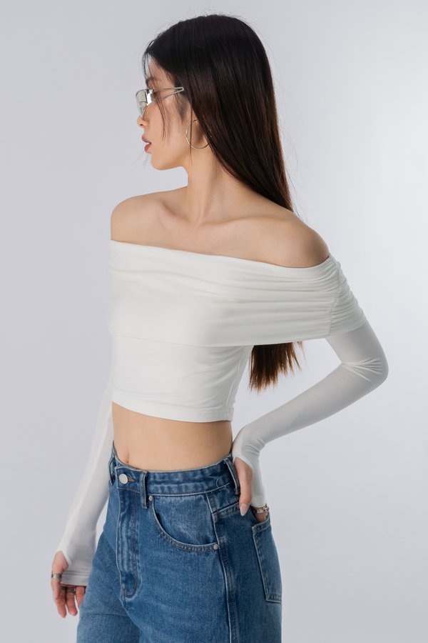 Embraced Off Shoulder Ruched Top in White