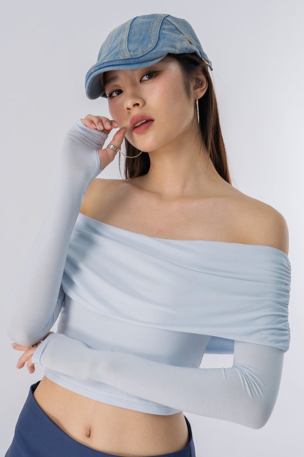 Embraced Off Shoulder Ruched Top in Cloud Blue