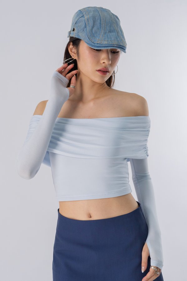 Embraced Off Shoulder Ruched Top in Cloud Blue