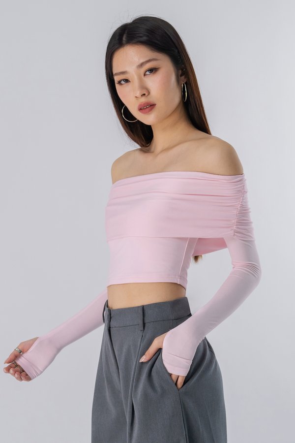 Embraced Off Shoulder Ruched Top in Candy Pink