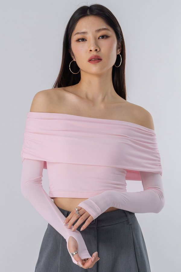 Embraced Off Shoulder Ruched Top in Candy Pink