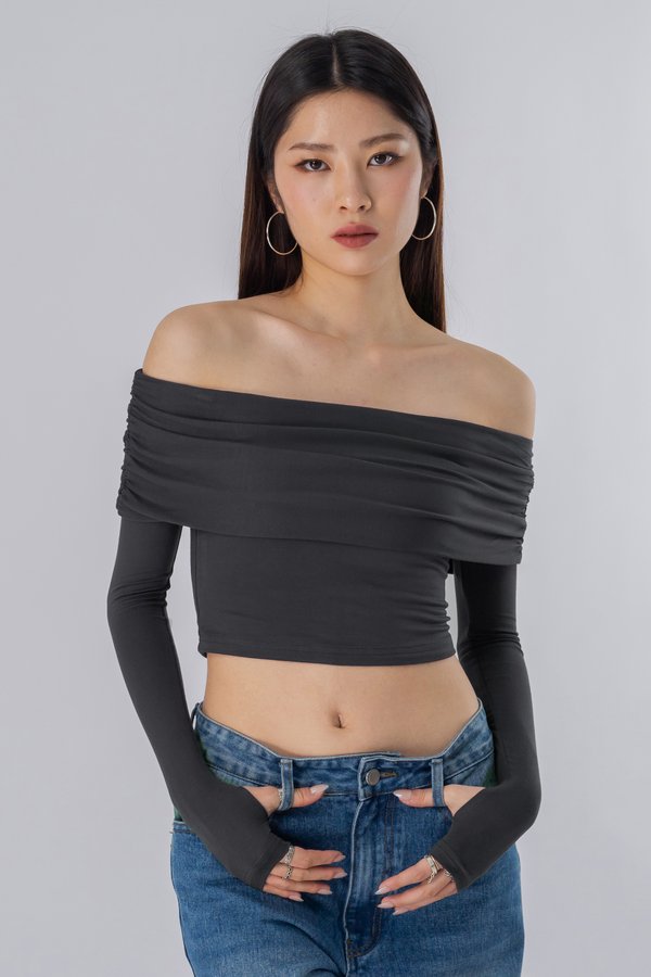 Embraced Off Shoulder Ruched Top in Dark Grey