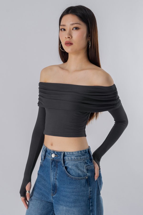 Embraced Off Shoulder Ruched Top in Dark Grey