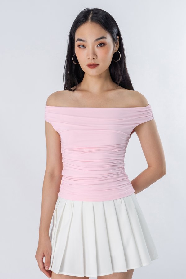 Oxymoron Off Shoulder Ruched Top in Candy Pink