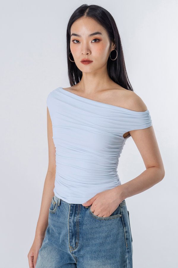 Oxymoron Off Shoulder Ruched Top in Cloud Blue