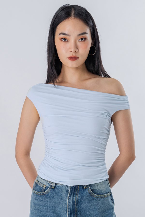 Oxymoron Off Shoulder Ruched Top in Cloud Blue