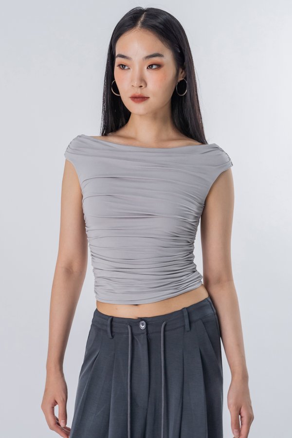 Oxymoron Off Shoulder Ruched Top in Cloud Grey