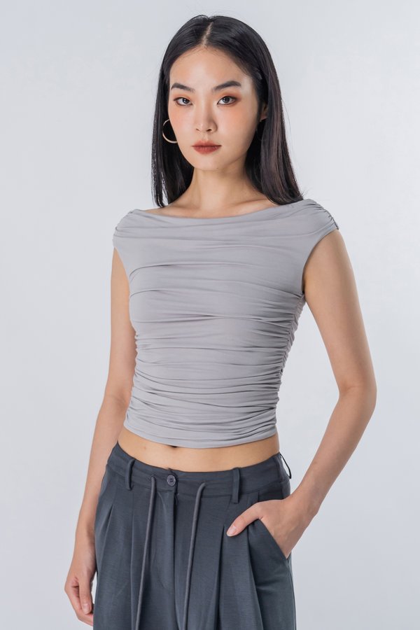 Oxymoron Off Shoulder Ruched Top in Cloud Grey