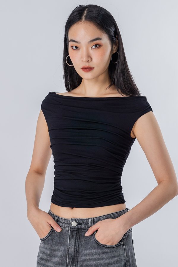 Oxymoron Off Shoulder Ruched Top in Black