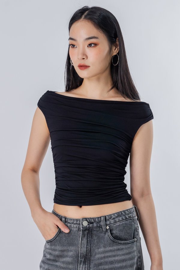 Oxymoron Off Shoulder Ruched Top in Black