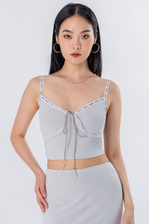 Gauze Ribbon Mesh Top in Fog Grey