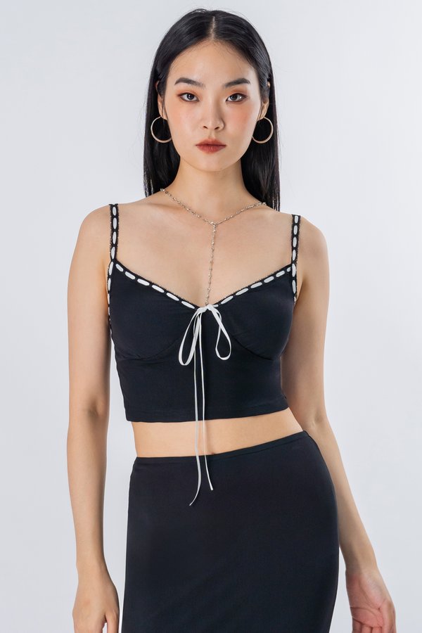 Gauze Ribbon Mesh Top in Black