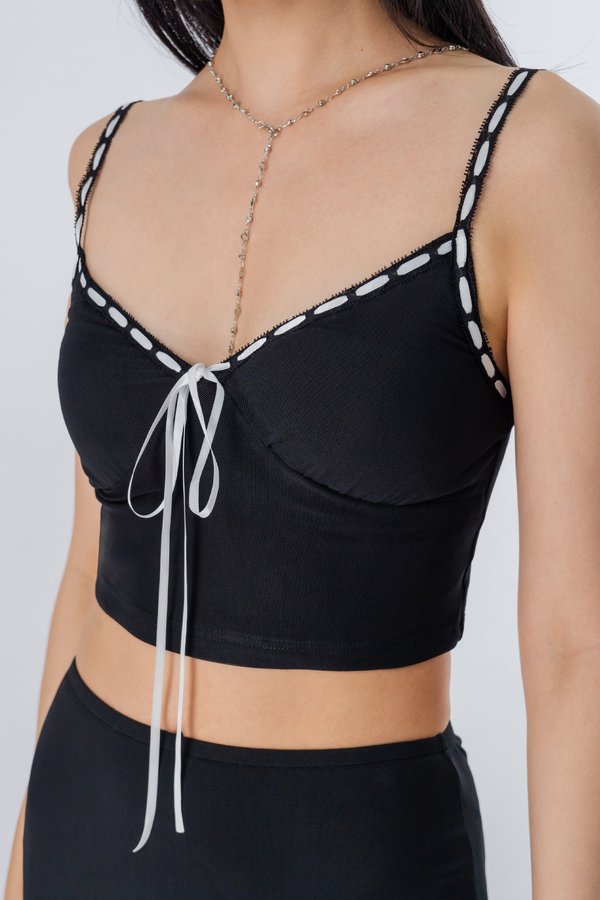 Gauze Ribbon Mesh Top in Black