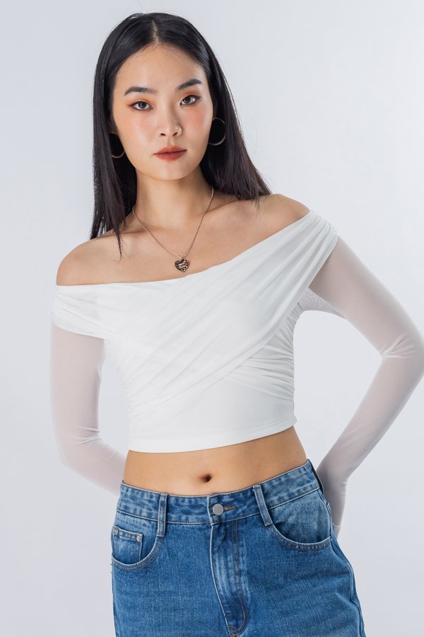 Bundled Mesh Off Shoulder Top in White