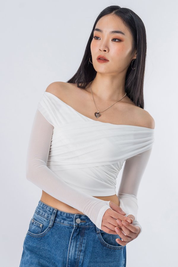 Bundled Mesh Off Shoulder Top in White