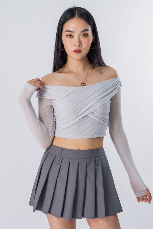 Bundled Mesh Off Shoulder Top in Fog Grey