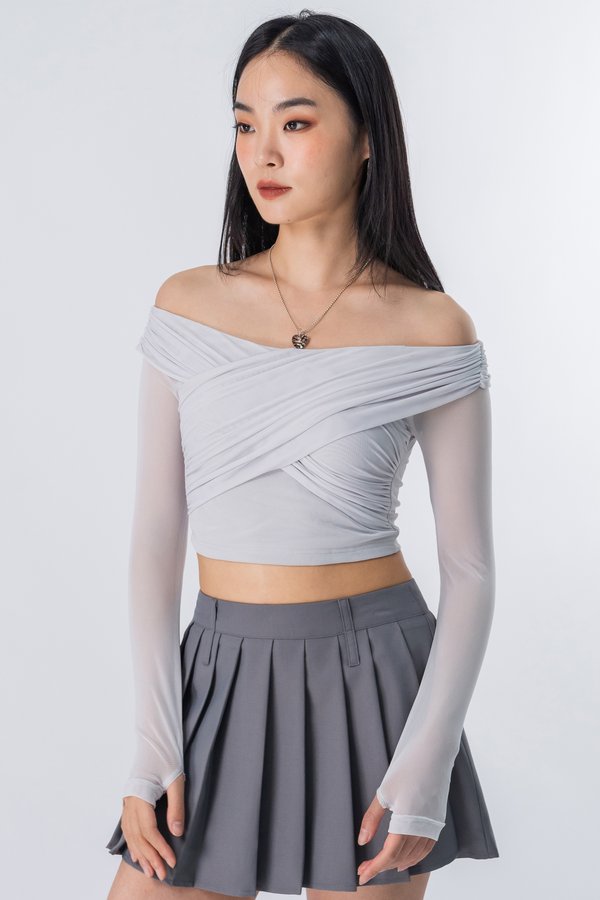 Bundled Mesh Off Shoulder Top in Fog Grey