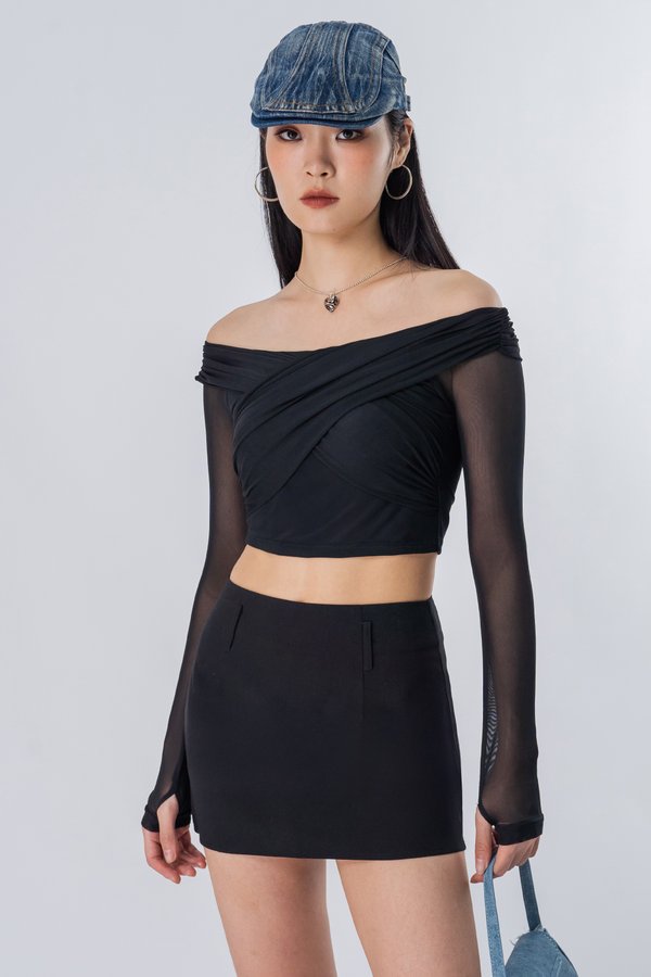 Bundled Mesh Off Shoulder Top in Black