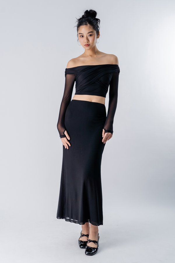 SET: Bundled Mesh Off Shoulder Top + Translucent Mesh Maxi Skirt