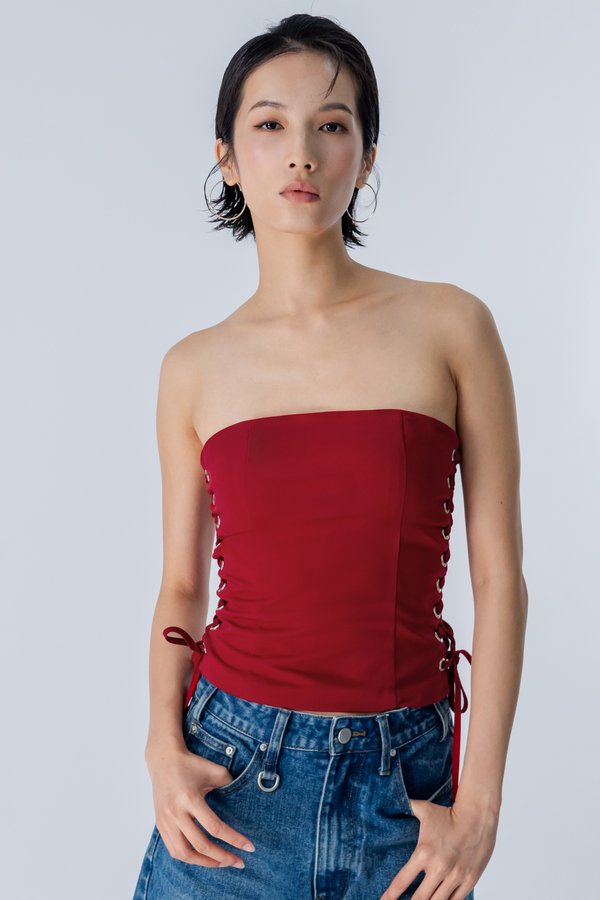 Overhand Side Lace Top in Hot Red