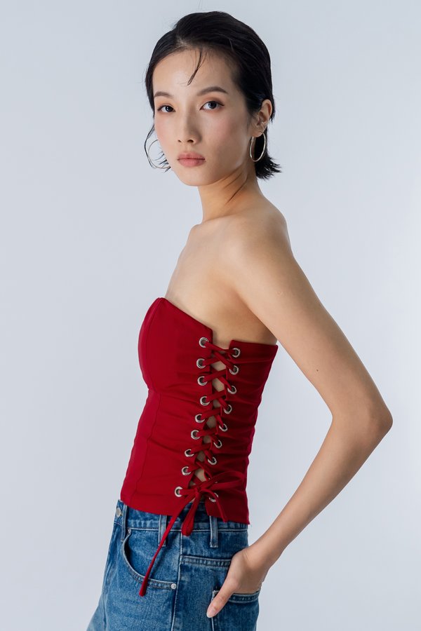 Overhand Side Lace Top in Hot Red