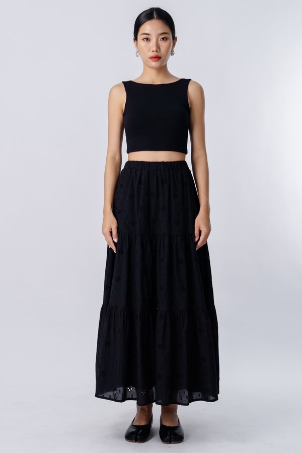 Ply Eyelet Tiered Skirt in Black