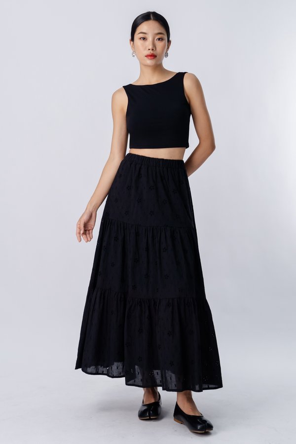 Petite | Ply Eyelet Tiered Skirt in Black