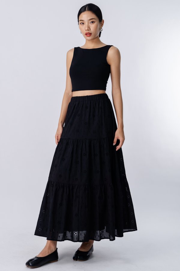 Ply Eyelet Tiered Skirt in Black