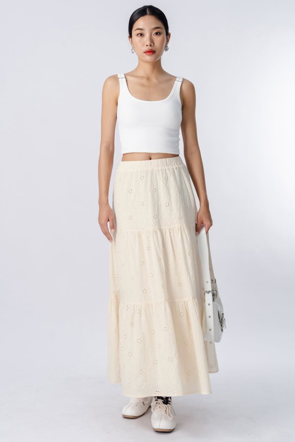 Ply Eyelet Tiered Skirt in Bisque Cream